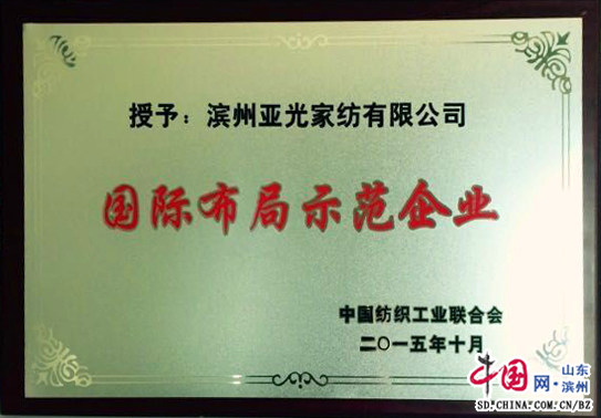 滨州亚光家纺有限公司获得中国纺织行业国际