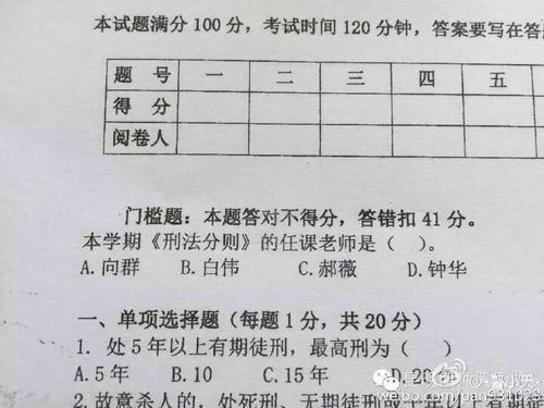 雲南警官學院現神考題：選錯任課老師扣41分