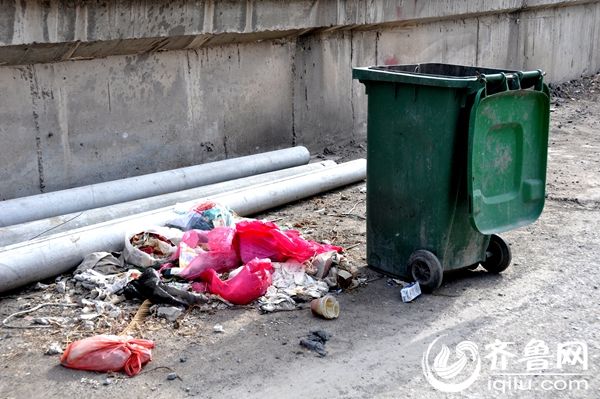 在黨家莊，一處靠近馬路的垃圾桶空空如也，垃圾卻堆在垃圾桶一旁。