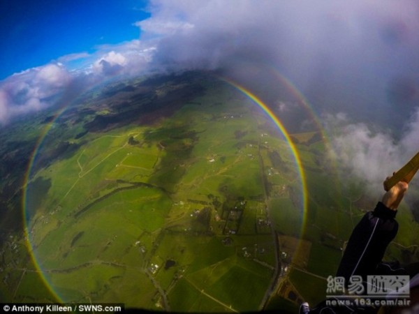 旅行家空中跳伞拍彩虹:竟然是个圆圈