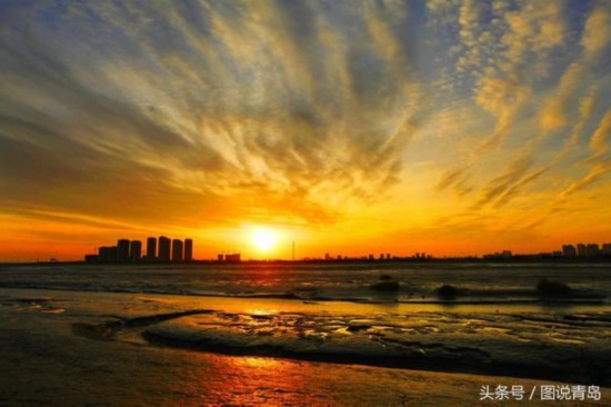 冷空氣送來彩霞滿天 膠州灣濕地再現生態美景