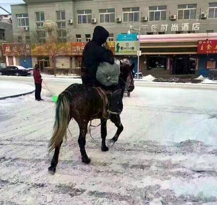 內蒙古突降暴雪 快遞員騎馬送包裹（圖）