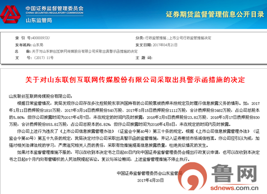 联创互联被山东证监局出具警示函 董事长多次股份质押未及时披露